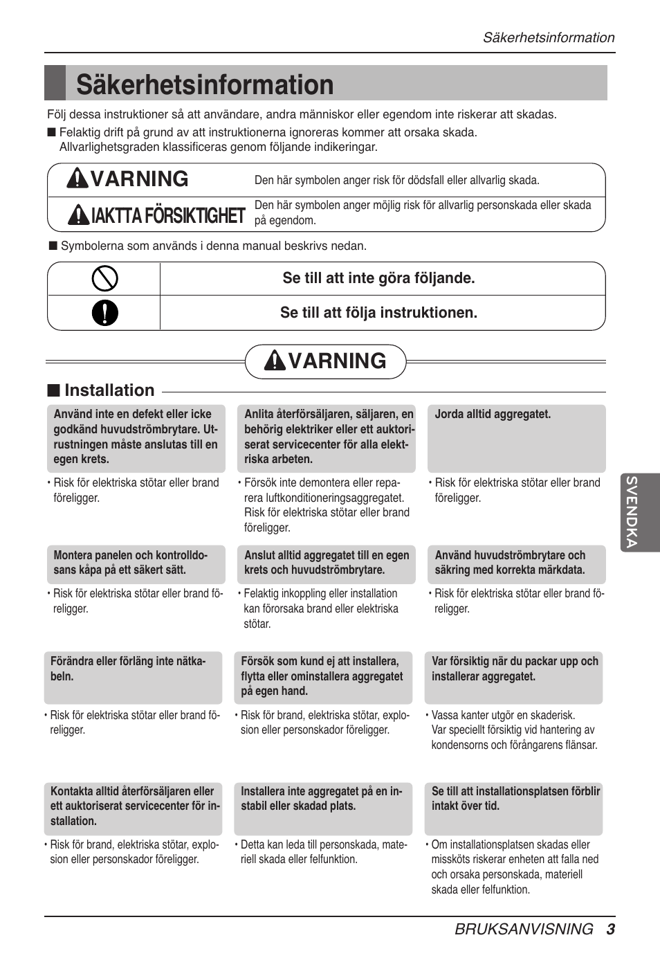 Säkerhetsinformation, Varning iaktta försiktighet, Varning | Installation | LG UB60 User Manual | Page 363 / 457