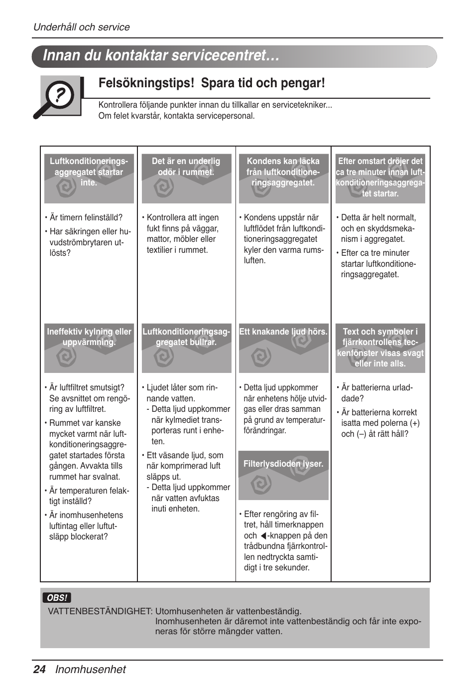 Innan du kontaktar servicecentret, Felsökningstips! spara tid och pengar, 24 inomhusenhet | LG UB60 User Manual | Page 384 / 457