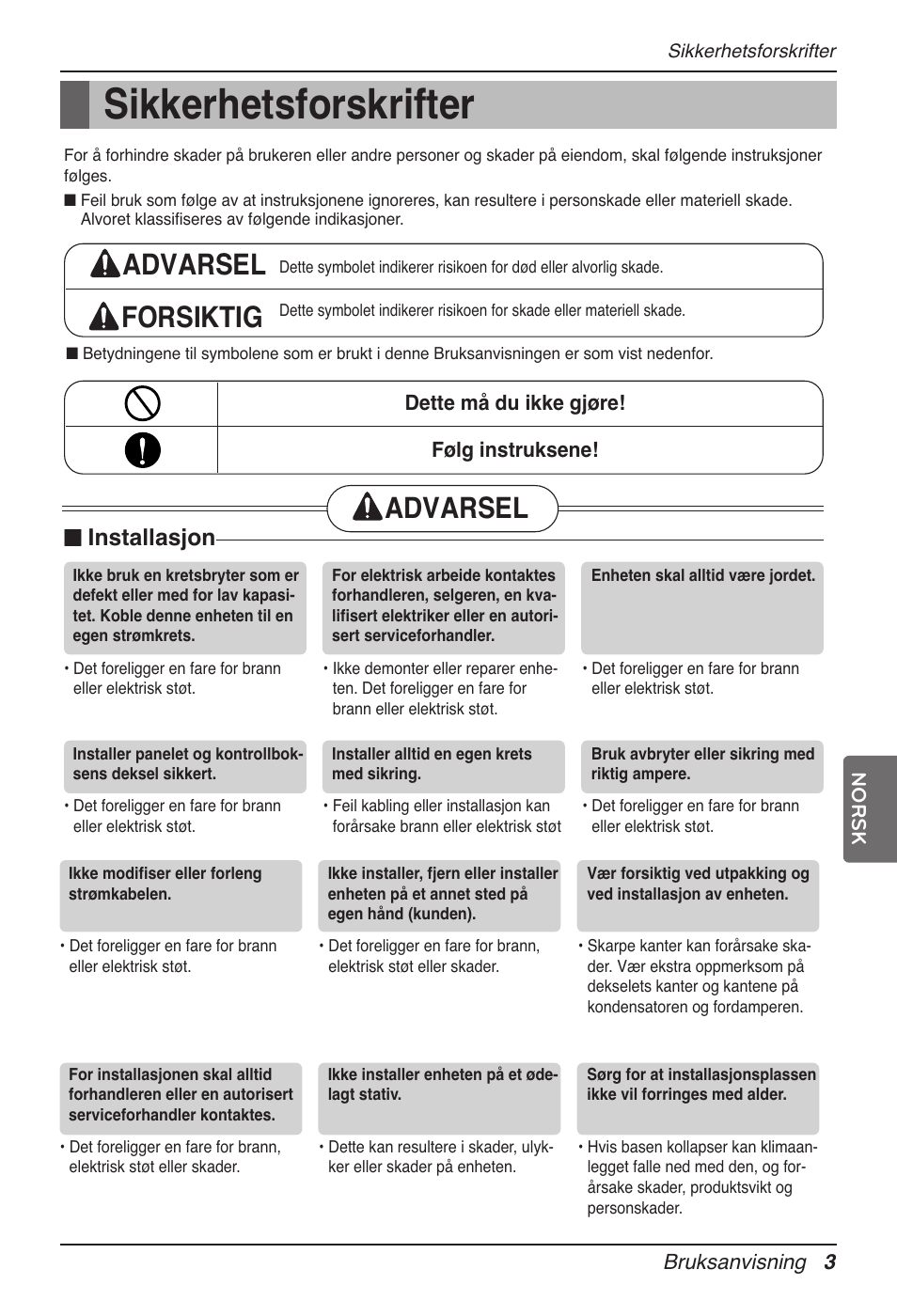 Sikkerhetsforskrifter, Advarsel forsiktig, Advarsel | Installasjon | LG UB60 User Manual | Page 387 / 457