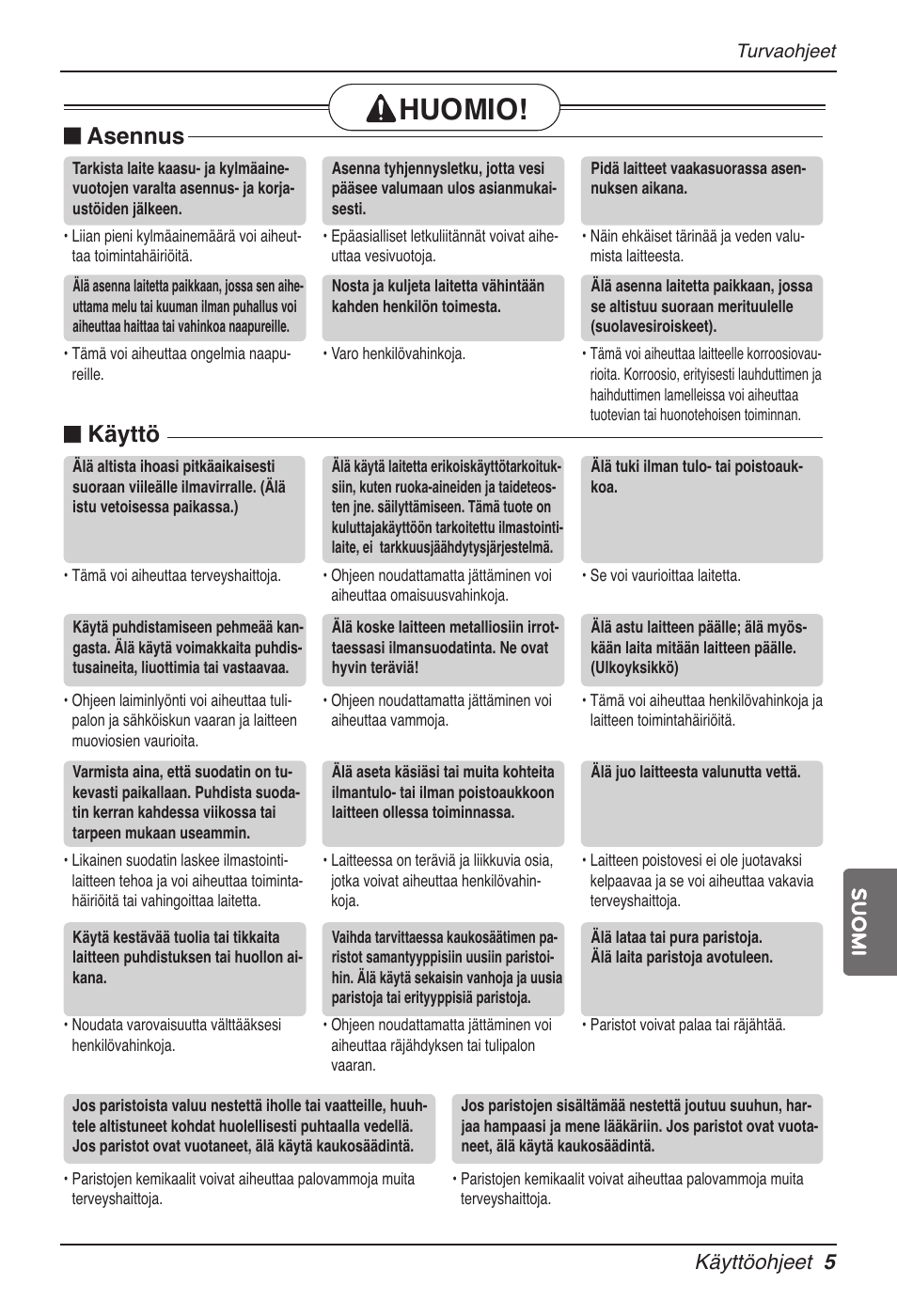 Huomio, Asennus, Käyttö | Käyttöohjeet 5 suomi | LG UB60 User Manual | Page 413 / 457