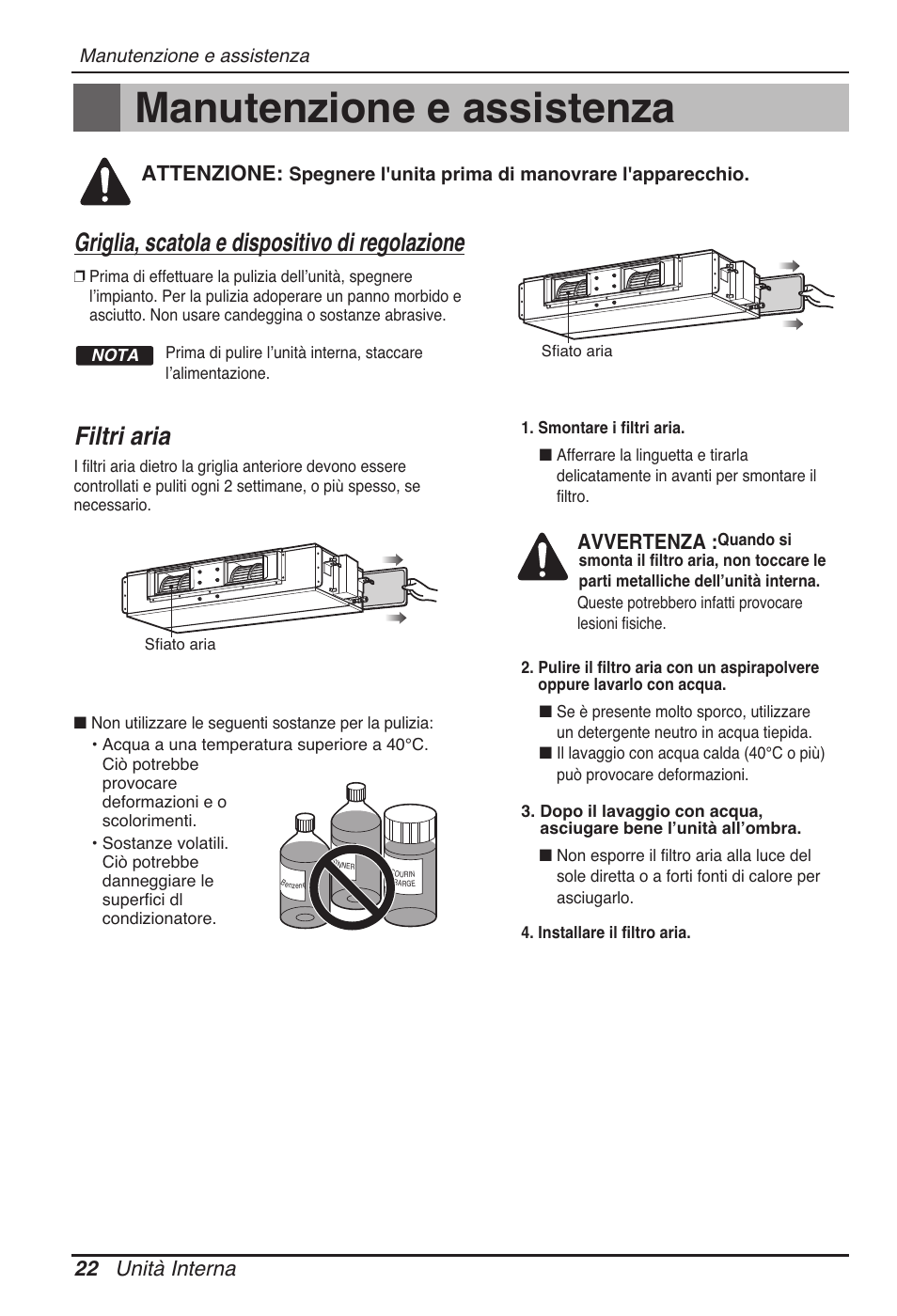 Manutenzione e assistenza, Filtri aria, Griglia, scatola e dispositivo di regolazione | 22 unità interna, Avvertenza, Attenzione | LG UB60 User Manual | Page 46 / 457