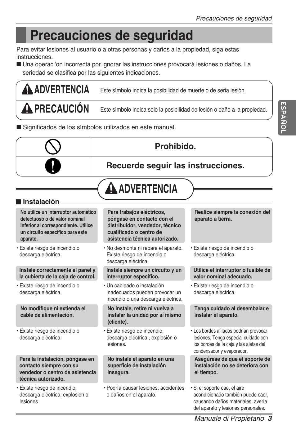 Precauciones de seguridad, Advertencia, Advertencia precaución | Prohibido. recuerde seguir las instrucciones | LG UB60 User Manual | Page 51 / 457