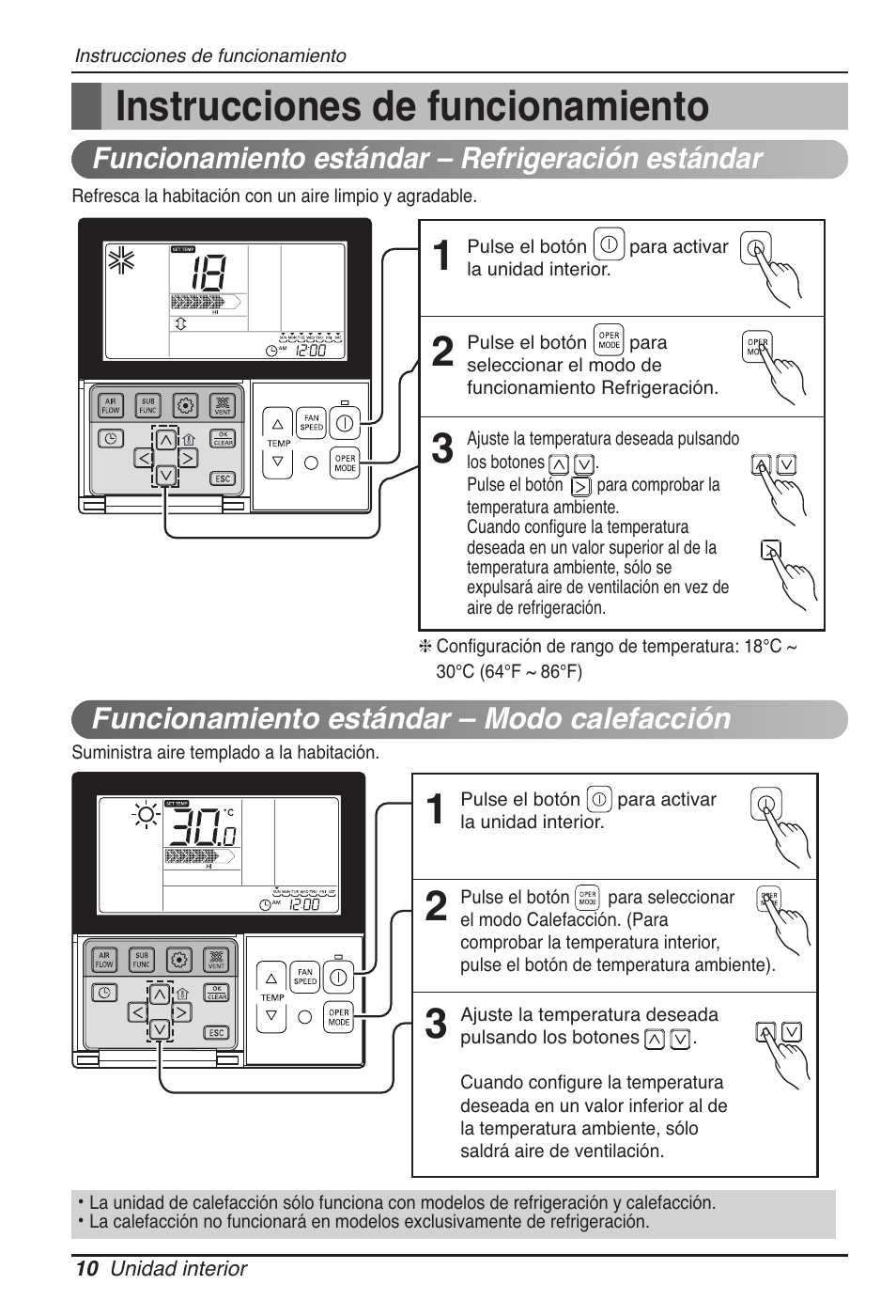 Instrucciones de funcionamiento, Funcionamiento estándar – modo calefacción, Funcionamiento estándar – refrigeración estándar | LG UB60 User Manual | Page 58 / 457