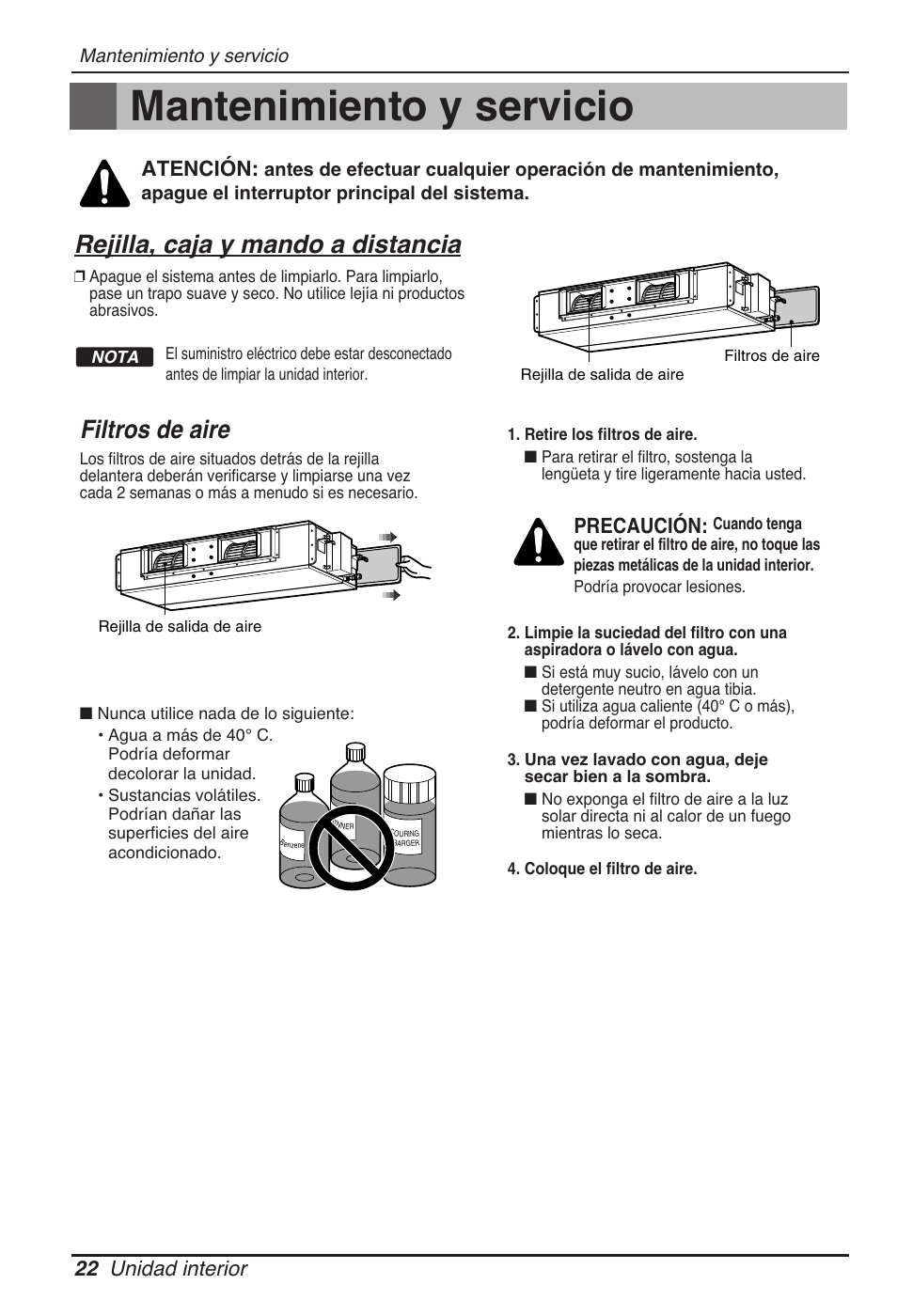 Mantenimiento y servicio, Filtros de aire, Rejilla, caja y mando a distancia | 22 unidad interior, Precaución, Atención | LG UB60 User Manual | Page 70 / 457