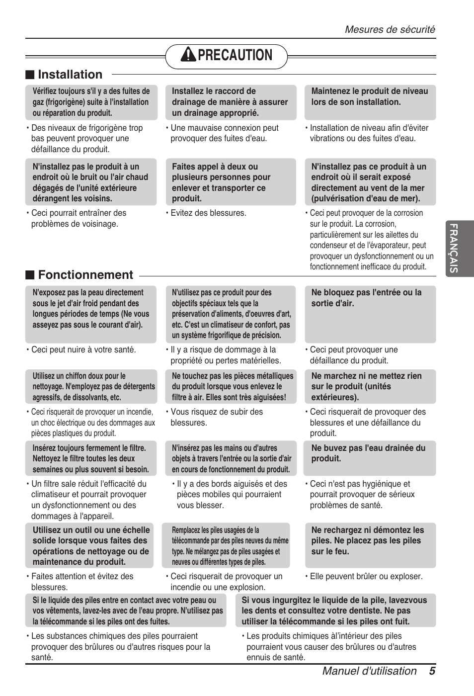 Precaution, Installation, Fonctionnement | Manuel d'utilisation 5 français | LG UB60 User Manual | Page 77 / 457