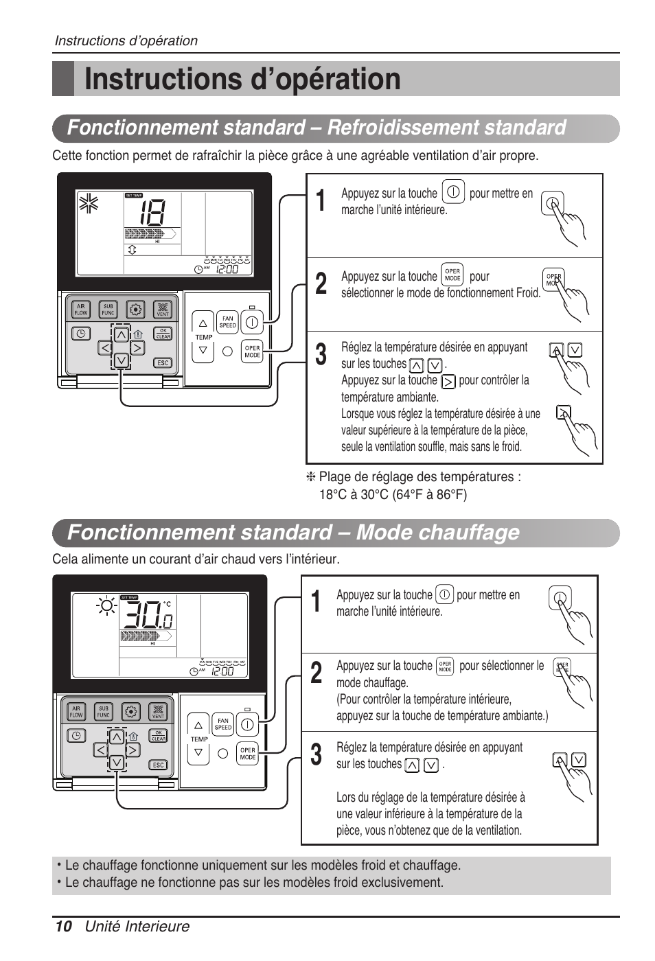 Instructions d’opération, Fonctionnement standard – mode chauffage, Fonctionnement standard – refroidissement standard | LG UB60 User Manual | Page 82 / 457