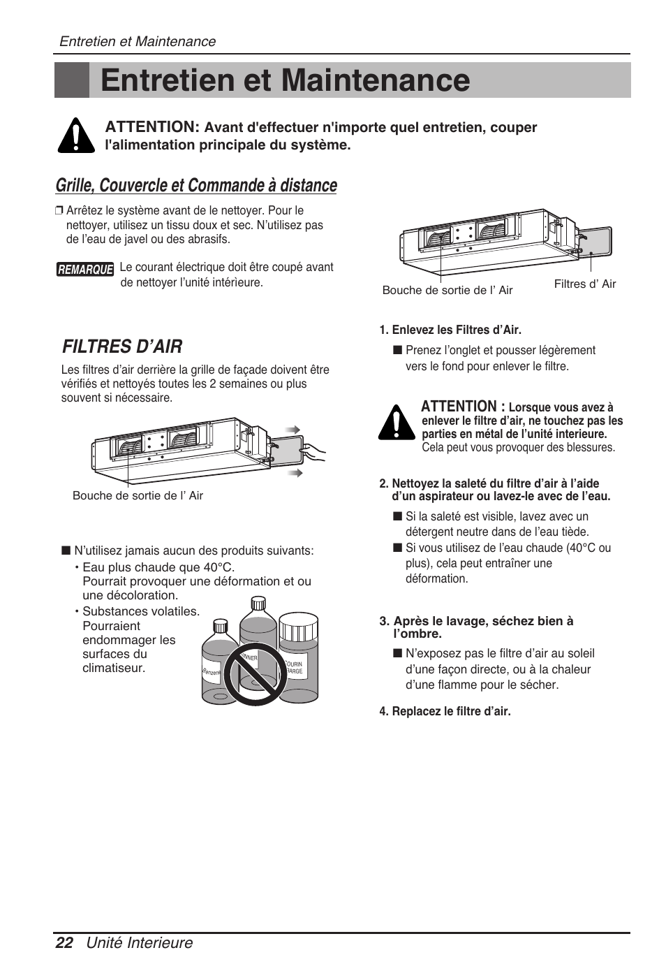 Entretien et maintenance, Filtres d’air, Grille, couvercle et commande à distance | 22 unité interieure, Attention | LG UB60 User Manual | Page 94 / 457