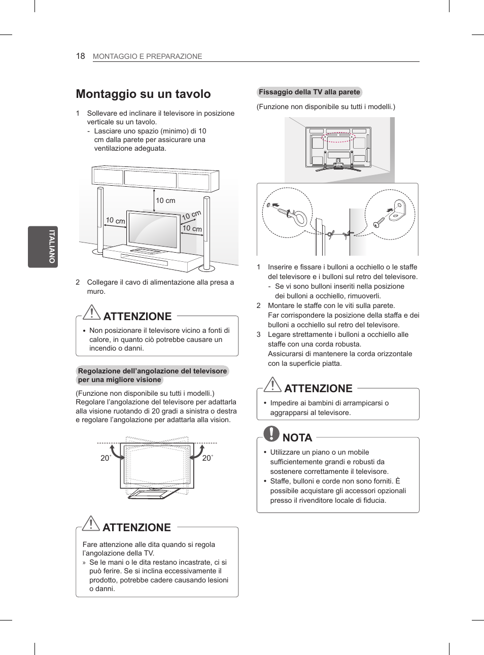 Montaggio su un tavolo, Attenzione, Nota | LG 50PM4700 User Manual | Page 103 / 243