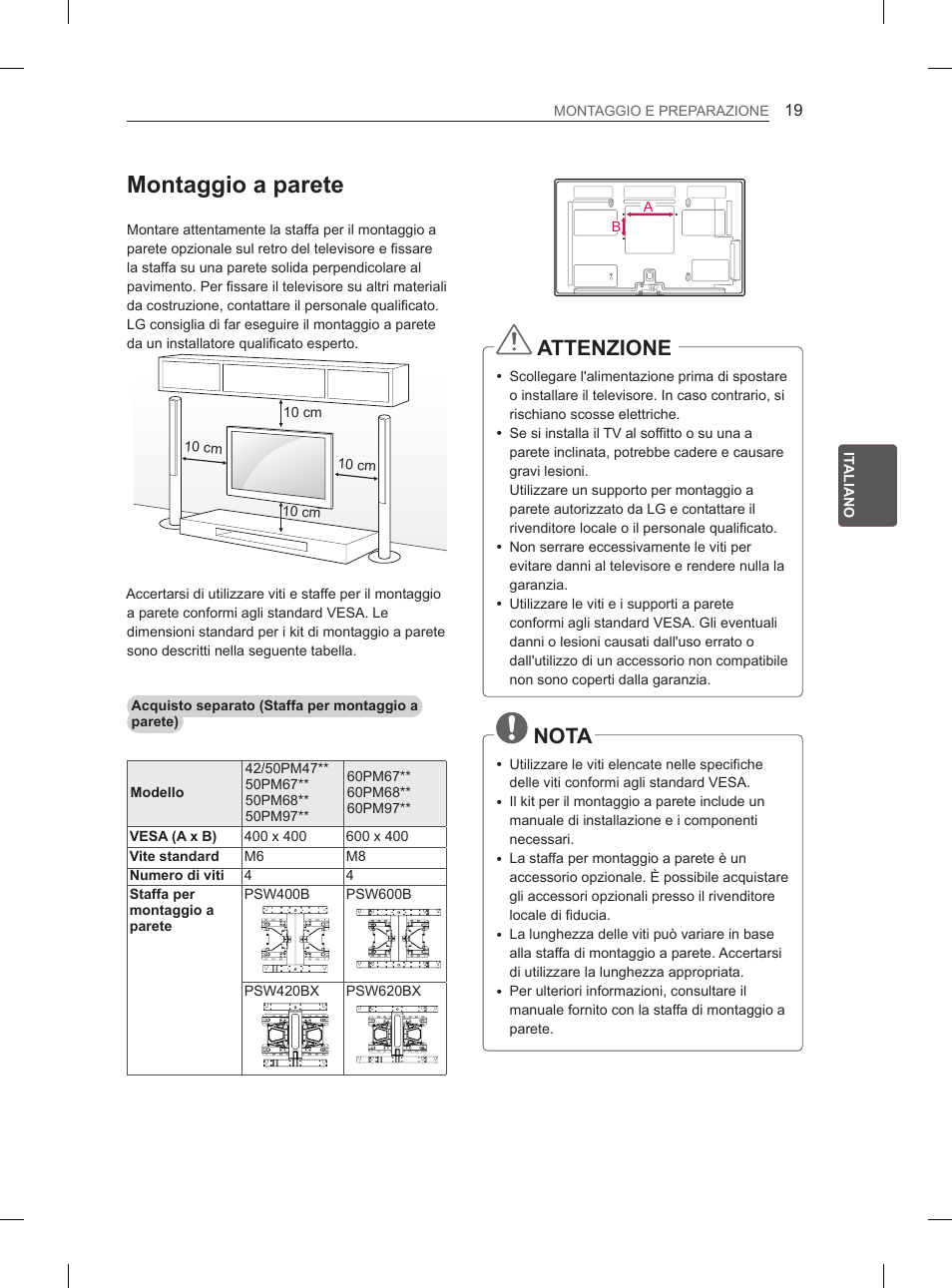 Montaggio a parete, Attenzione, Nota | LG 50PM4700 User Manual | Page 104 / 243