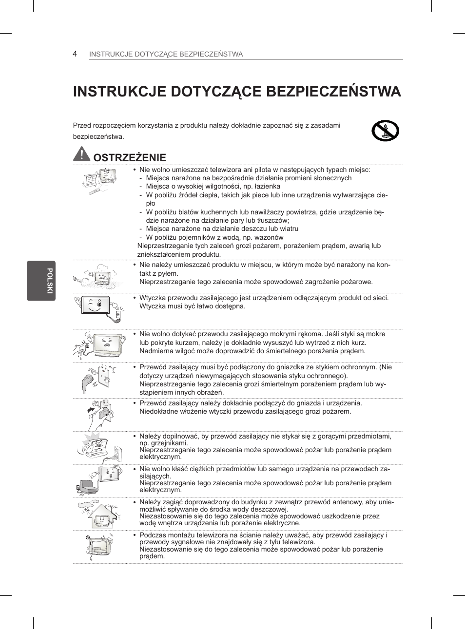 Instrukcje dotyczące bezpieczeństwa, Ostrzeżenie | LG 50PM4700 User Manual | Page 115 / 243