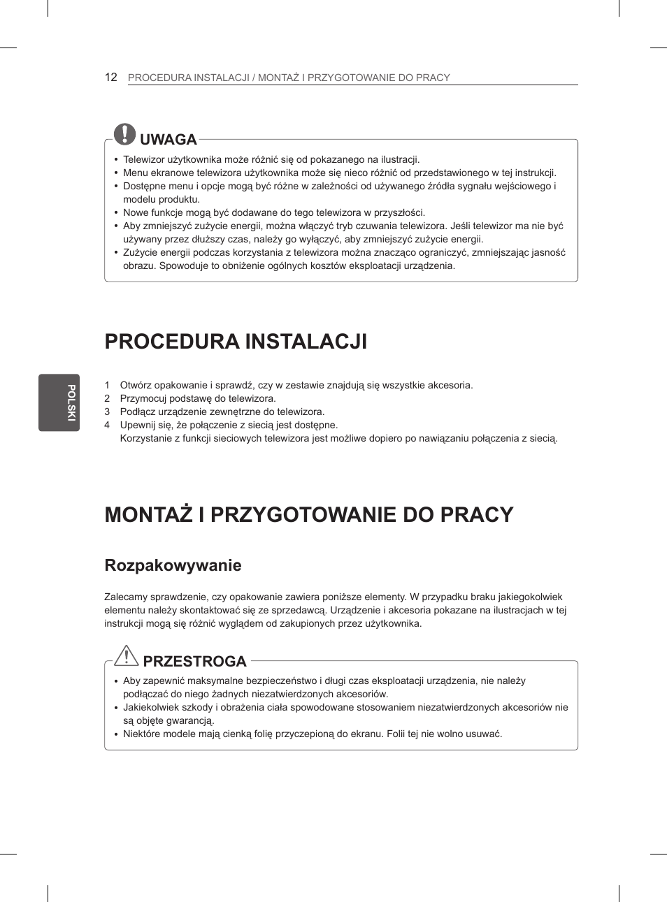Procedura instalacji, Montaż i przygotowanie do pracy, Rozpakowywanie | Uwaga, Przestroga | LG 50PM4700 User Manual | Page 123 / 243