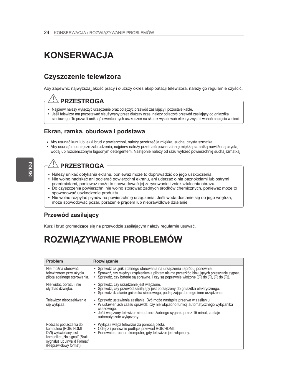 Konserwacja, Rozwiązywanie problemów, Czyszczenie telewizora | Przestroga, Ekran, ramka, obudowa i podstawa, Przewód zasilający | LG 50PM4700 User Manual | Page 135 / 243