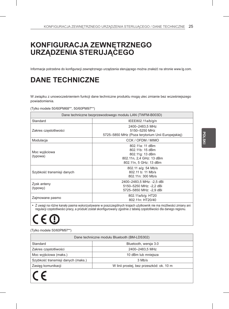 Konfiguracja zewnętrznego urządzenia sterującego, Dane techniczne | LG 50PM4700 User Manual | Page 136 / 243