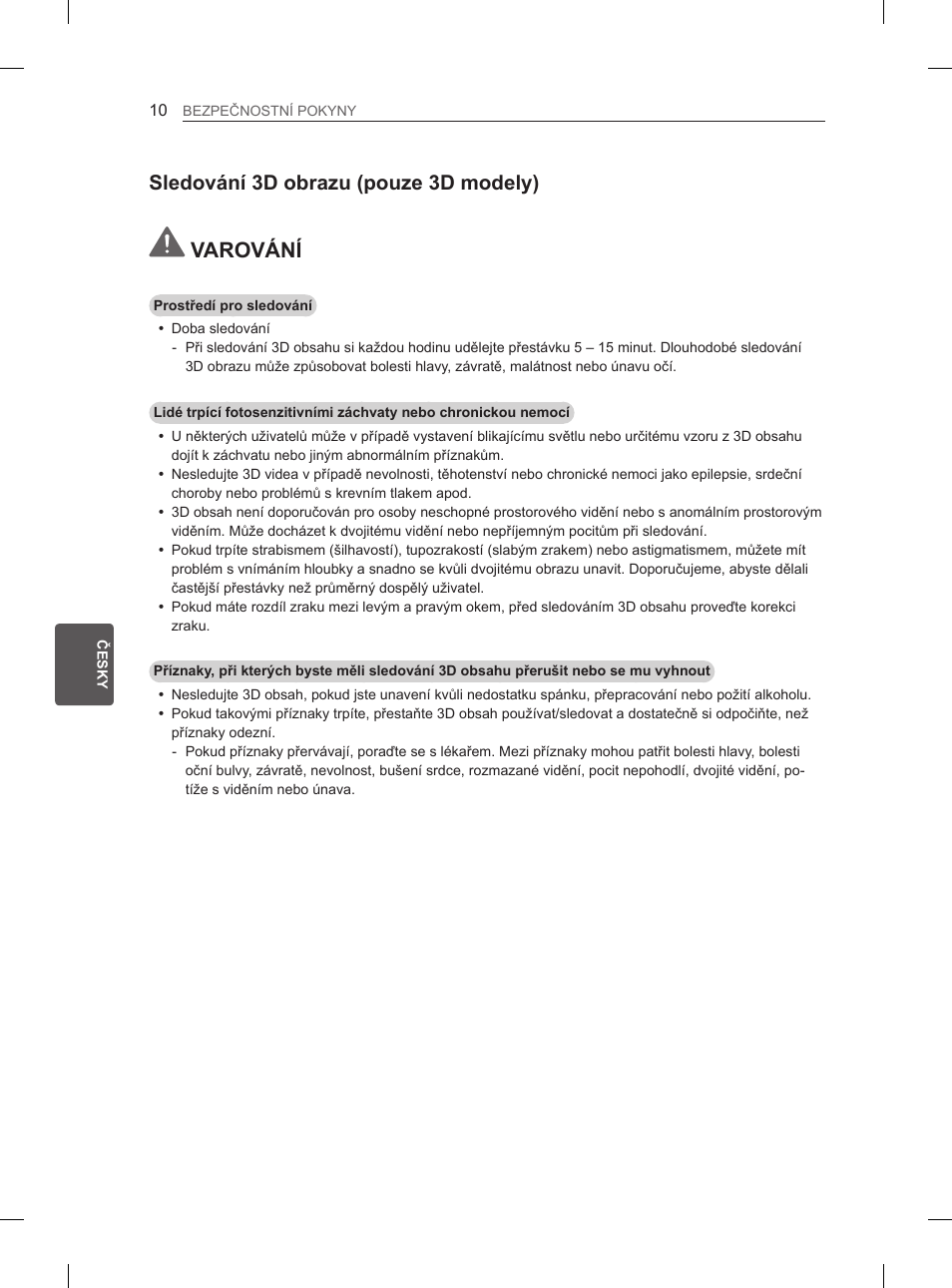 Varování, Sledování 3d obrazu (pouze 3d modely) | LG 50PM4700 User Manual | Page 147 / 243