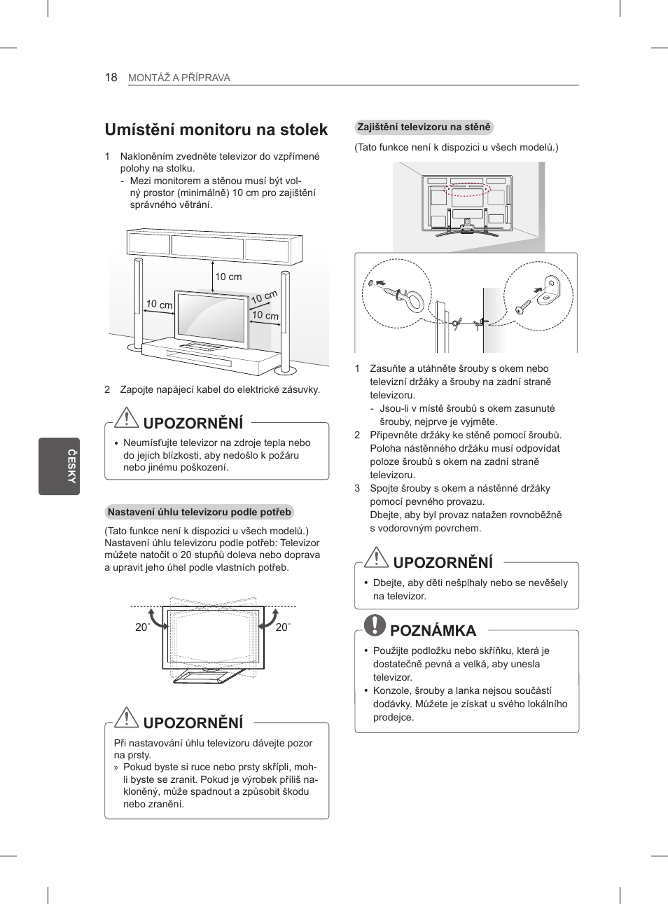 Umístění monitoru na stolek, Upozornění, Poznámka | LG 50PM4700 User Manual | Page 155 / 243