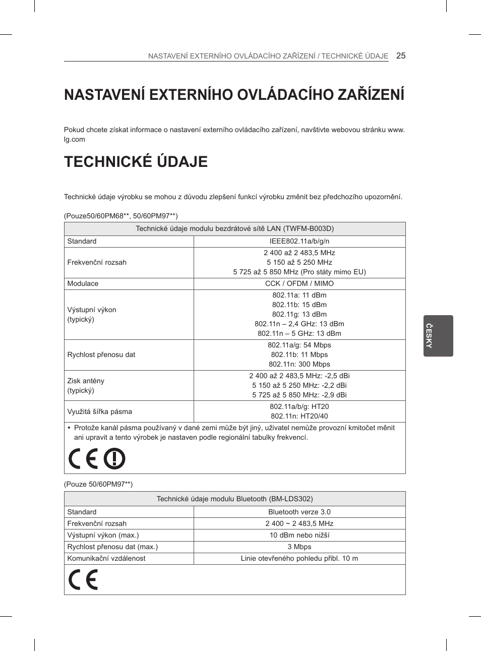 Nastavení externího ovládacího zařízení, Technické údaje | LG 50PM4700 User Manual | Page 162 / 243