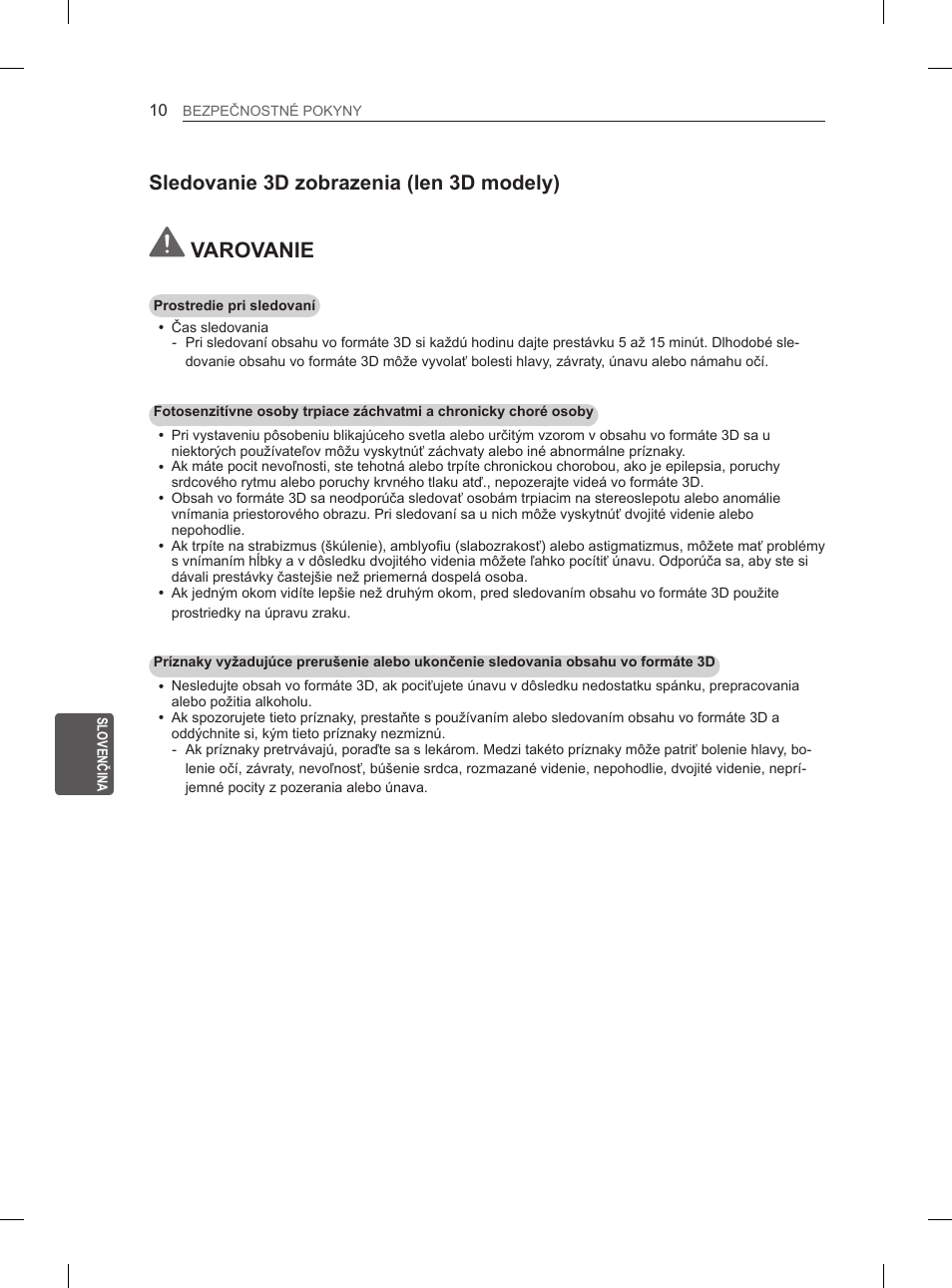 Varovanie, Sledovanie 3d zobrazenia (len 3d modely) | LG 50PM4700 User Manual | Page 173 / 243