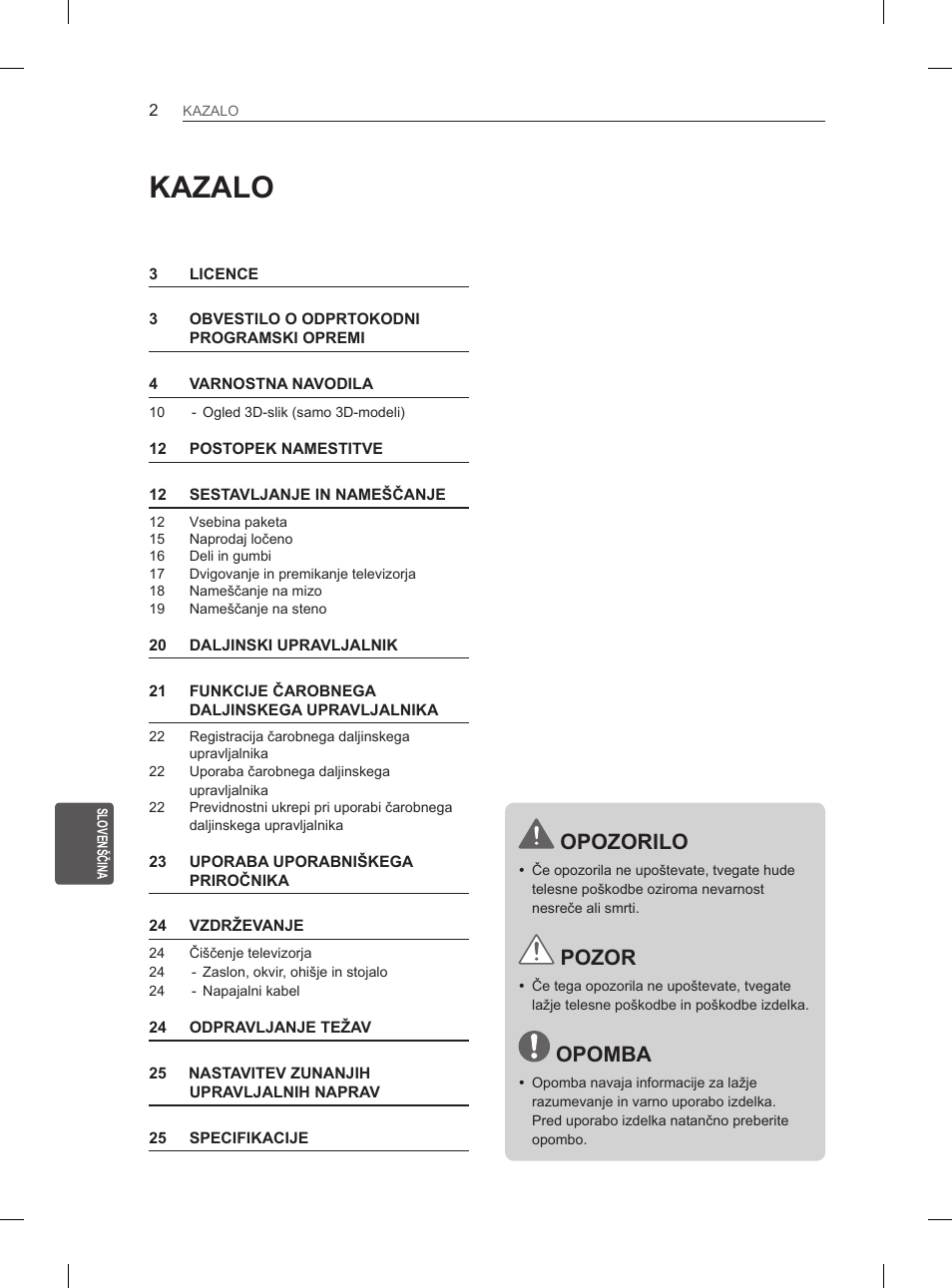 Kazalo, Opozorilo, Pozor | Opomba | LG 50PM4700 User Manual | Page 191 / 243