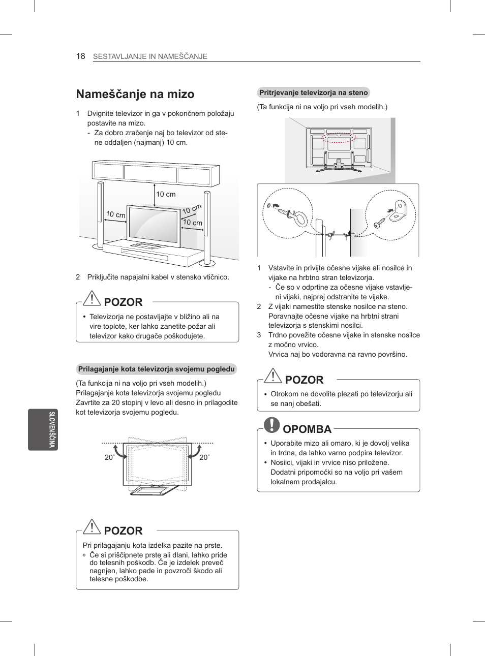 Nameščanje na mizo, Pozor, Opomba | LG 50PM4700 User Manual | Page 207 / 243