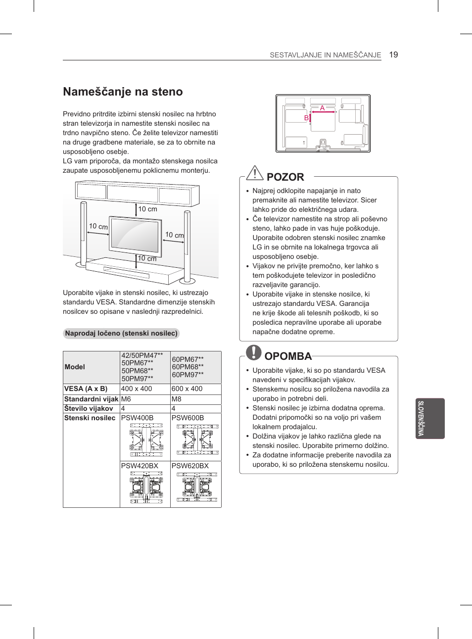 Nameščanje na steno, Pozor, Opomba | LG 50PM4700 User Manual | Page 208 / 243