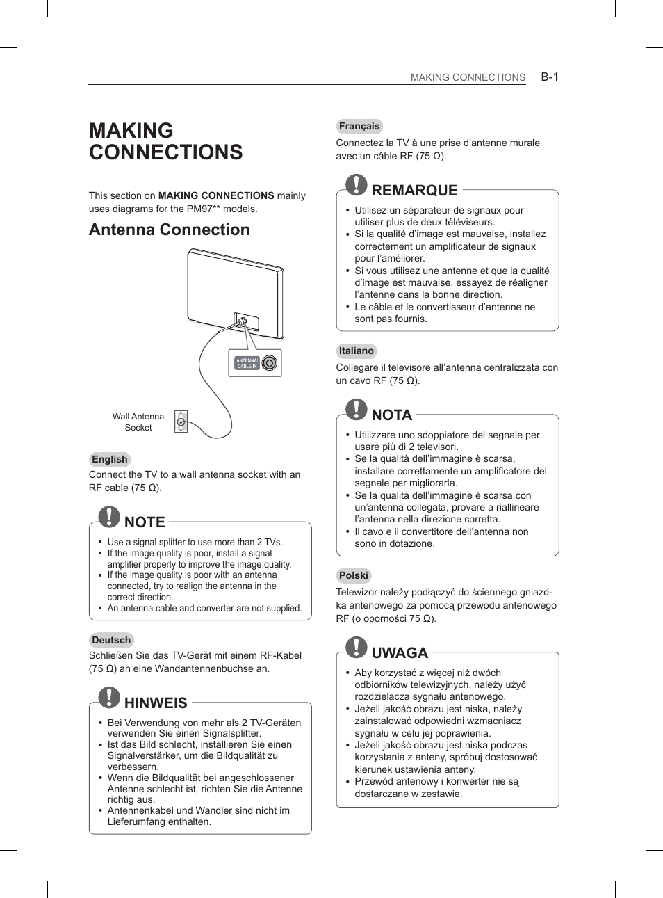Making connections, Antenna connection, Hinweis | Remarque, Nota, Uwaga | LG 50PM4700 User Manual | Page 216 / 243