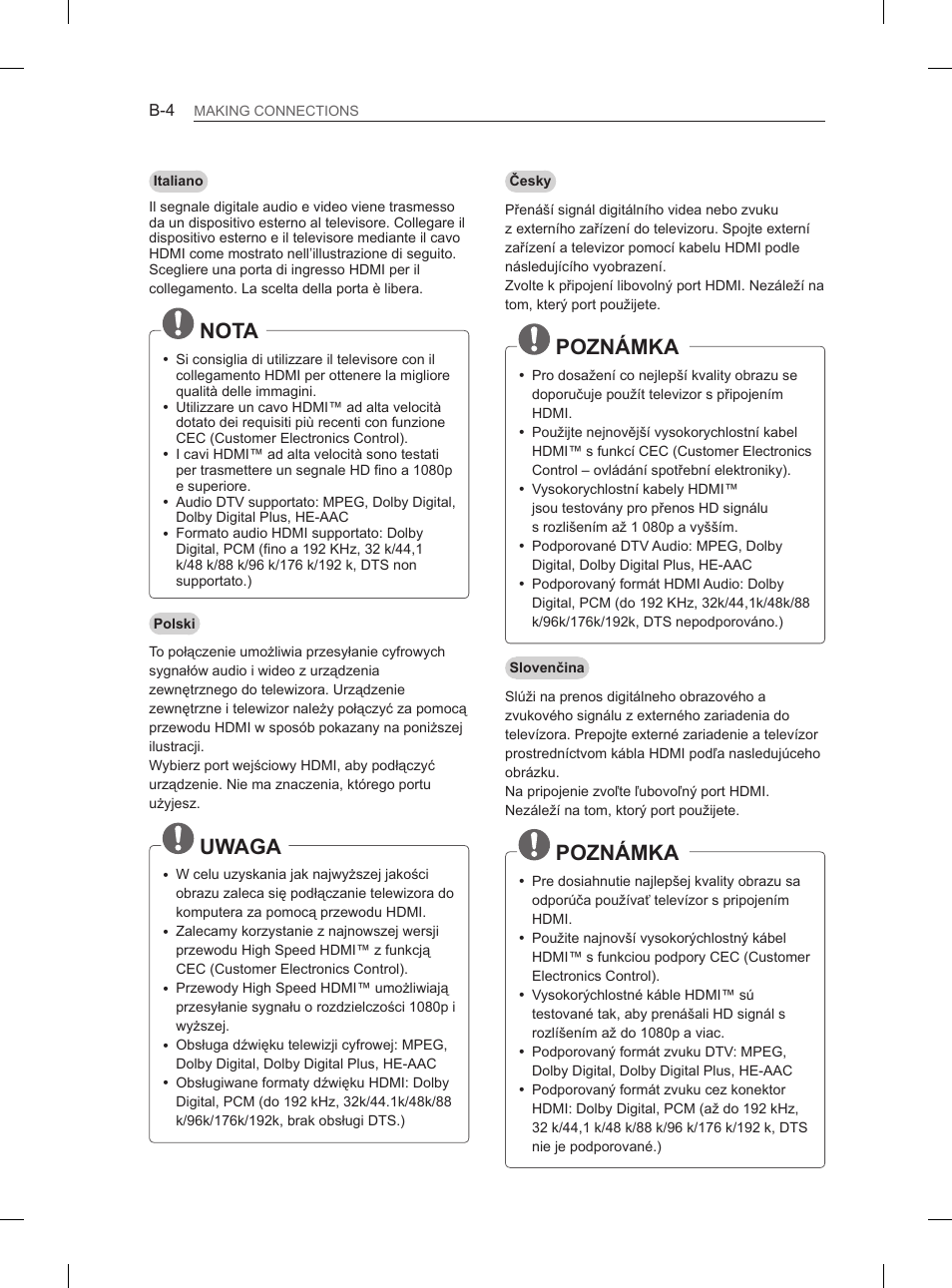 Nota, Uwaga, Poznámka | LG 50PM4700 User Manual | Page 219 / 243