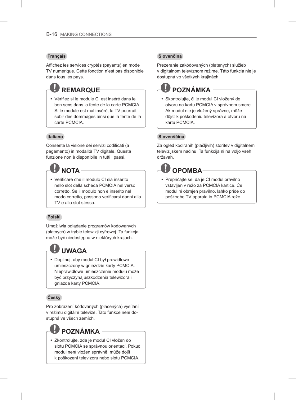 Remarque, Nota, Uwaga | Poznámka, Opomba | LG 50PM4700 User Manual | Page 231 / 243