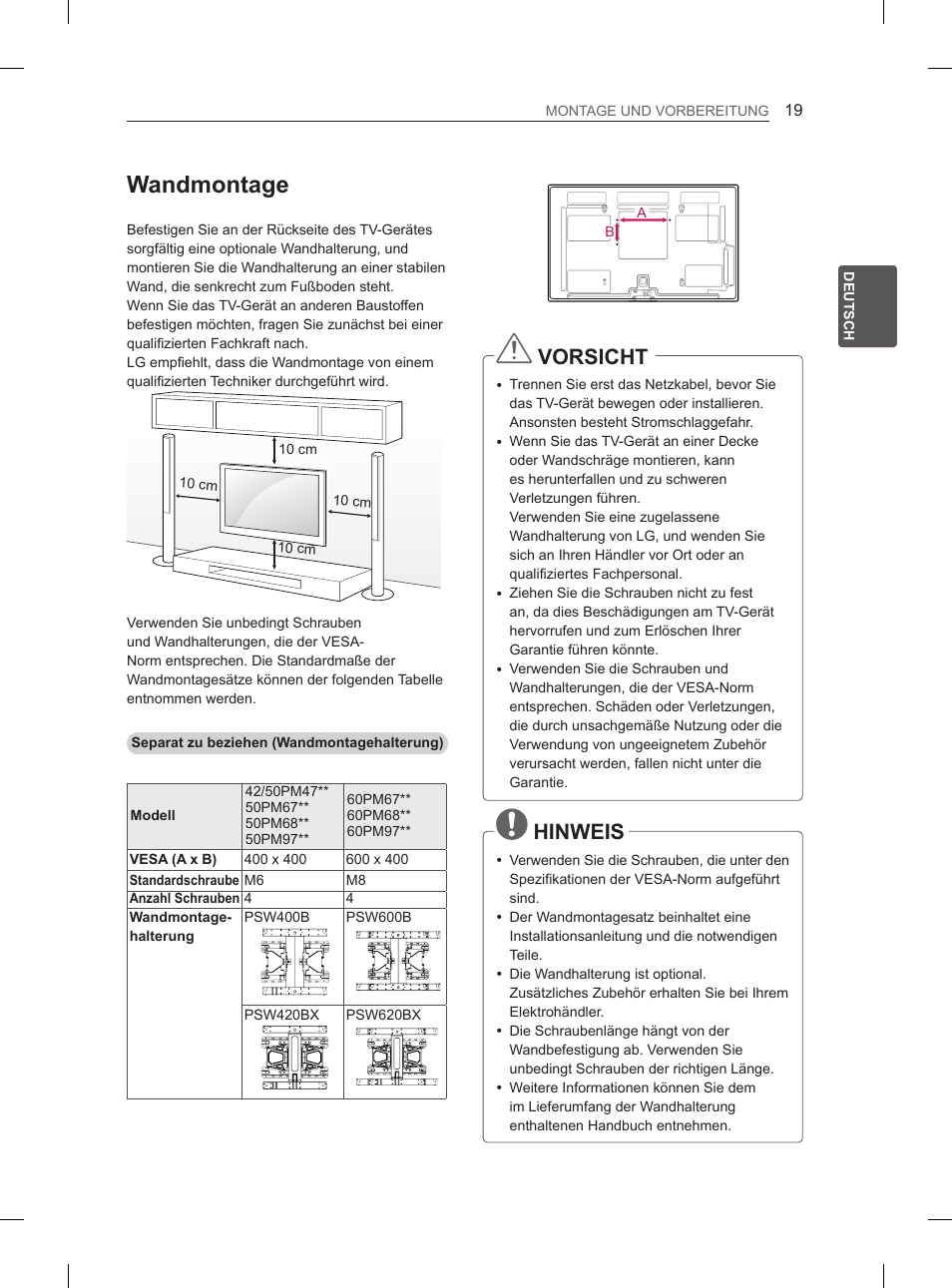 Wandmontage, Vorsicht, Hinweis | LG 50PM4700 User Manual | Page 52 / 243