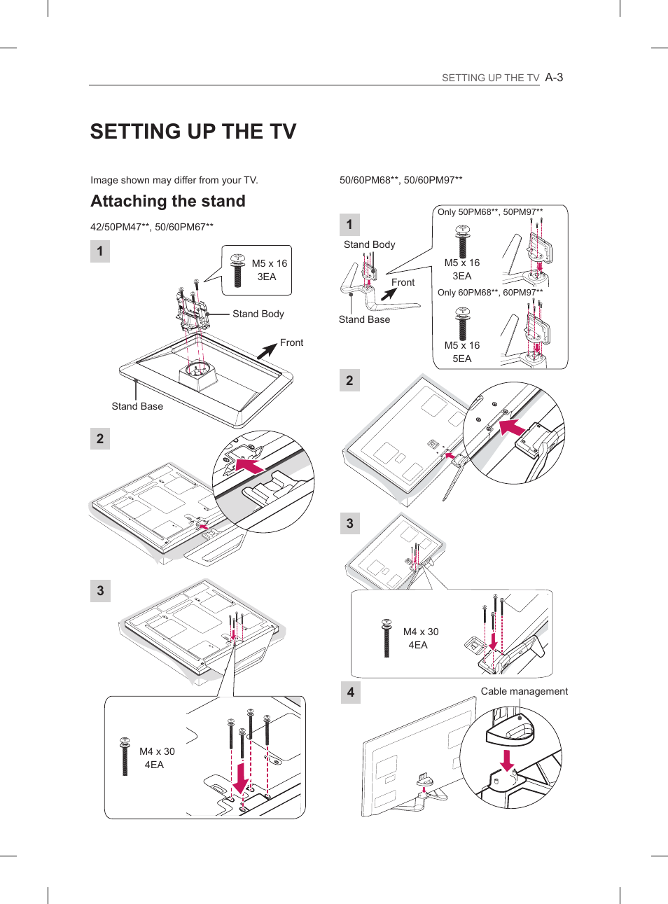 Setting up the tv, Attaching the stand | LG 50PM4700 User Manual | Page 6 / 243