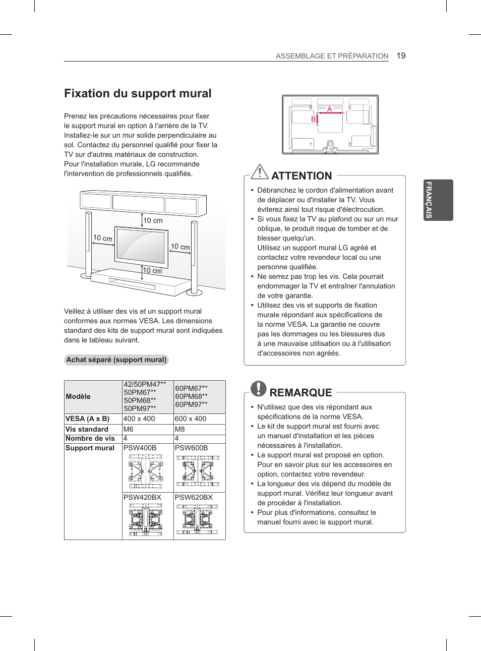 Fixation du support mural, Attention, Remarque | LG 50PM4700 User Manual | Page 78 / 243