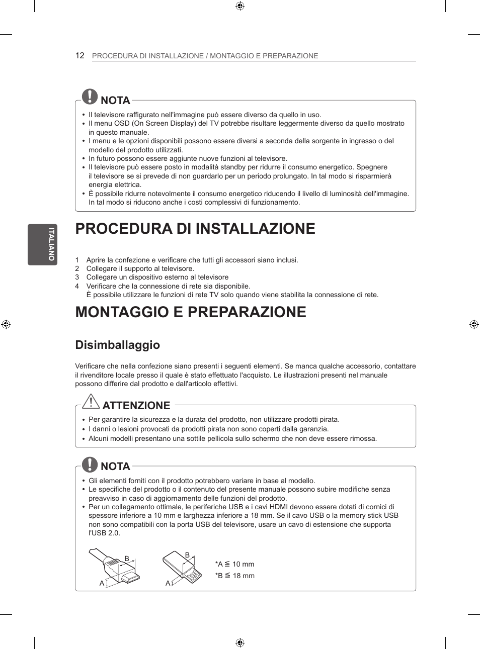 Procedura di installazione, Montaggio e preparazione, Disimballaggio | Nota, Attenzione | LG 50LN575S User Manual | Page 108 / 328