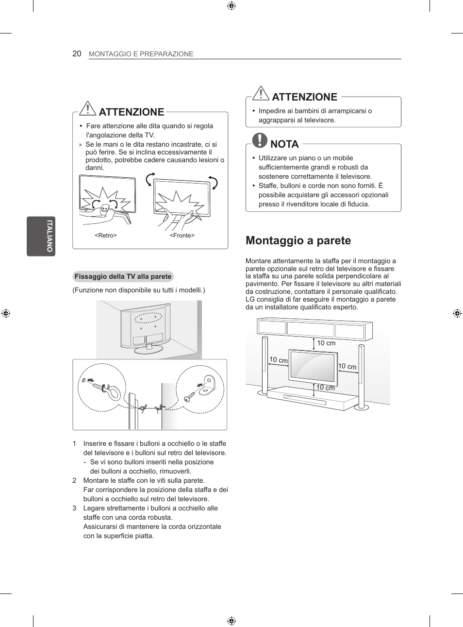 Montaggio a parete, Attenzione, Nota | LG 50LN575S User Manual | Page 116 / 328