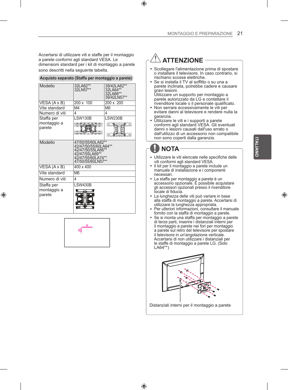 Attenzione, Nota | LG 50LN575S User Manual | Page 117 / 328