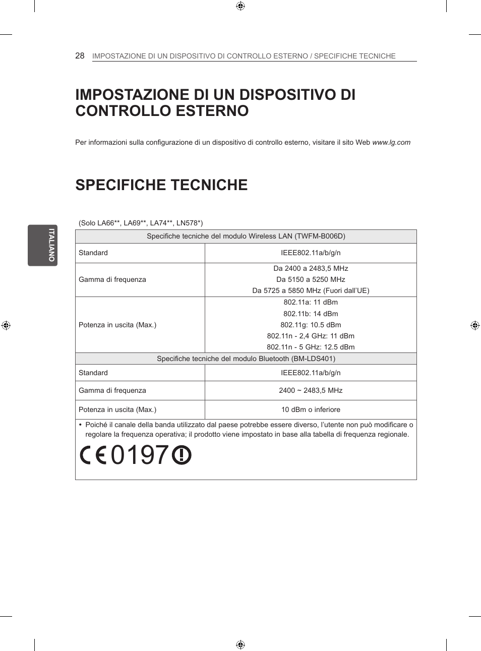 Specifiche tecniche | LG 50LN575S User Manual | Page 124 / 328