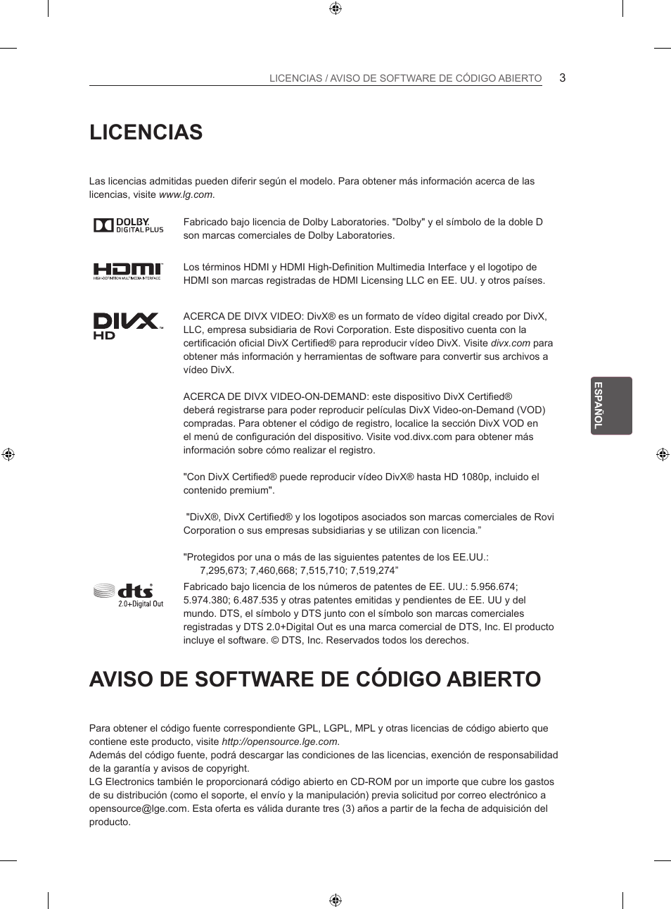 Licencias, Aviso de software de código abierto | LG 50LN575S User Manual | Page 137 / 328