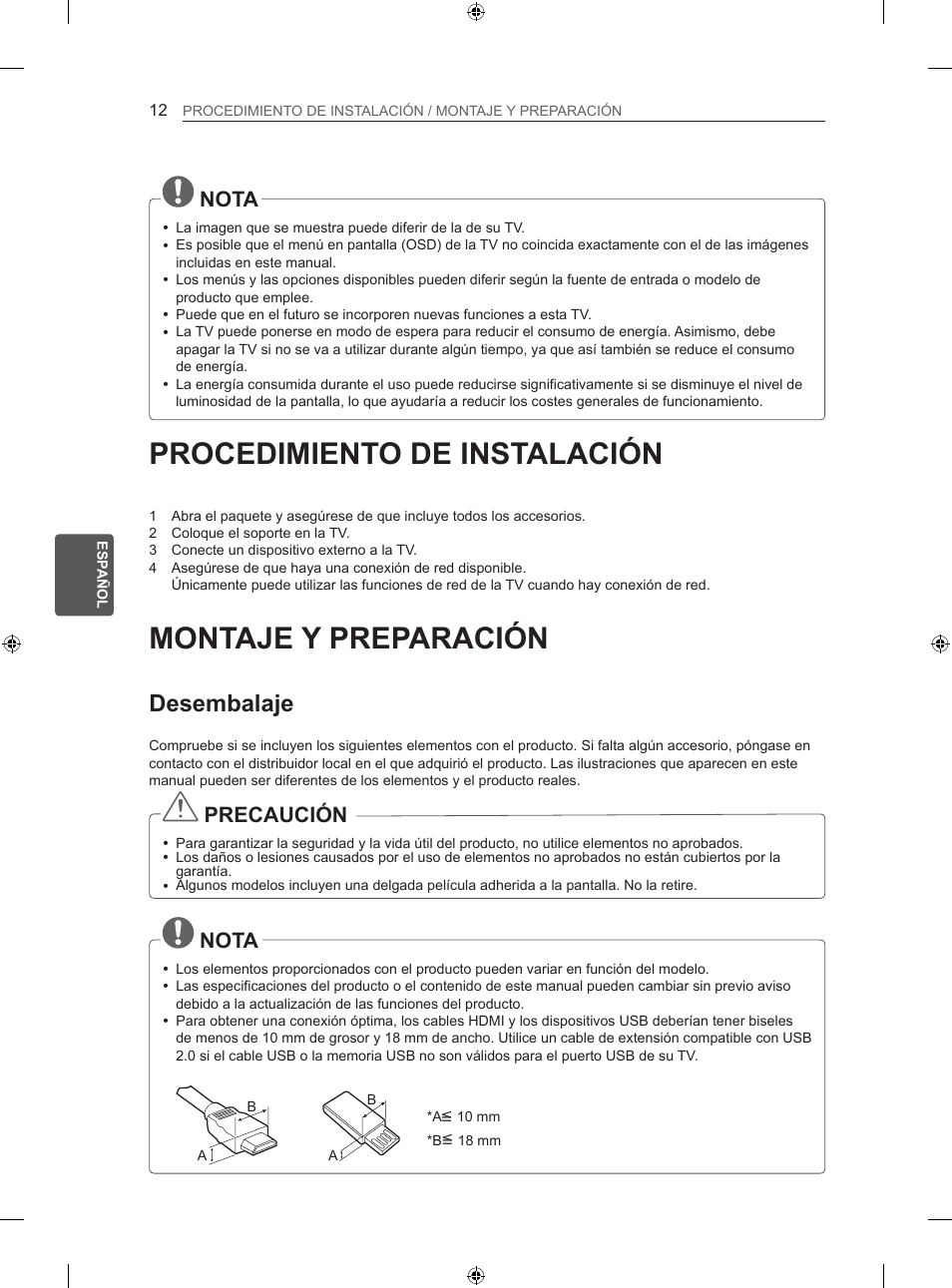 Procedimiento de instalación, Montaje y preparación, Desembalaje | Nota, Precaución | LG 50LN575S User Manual | Page 146 / 328