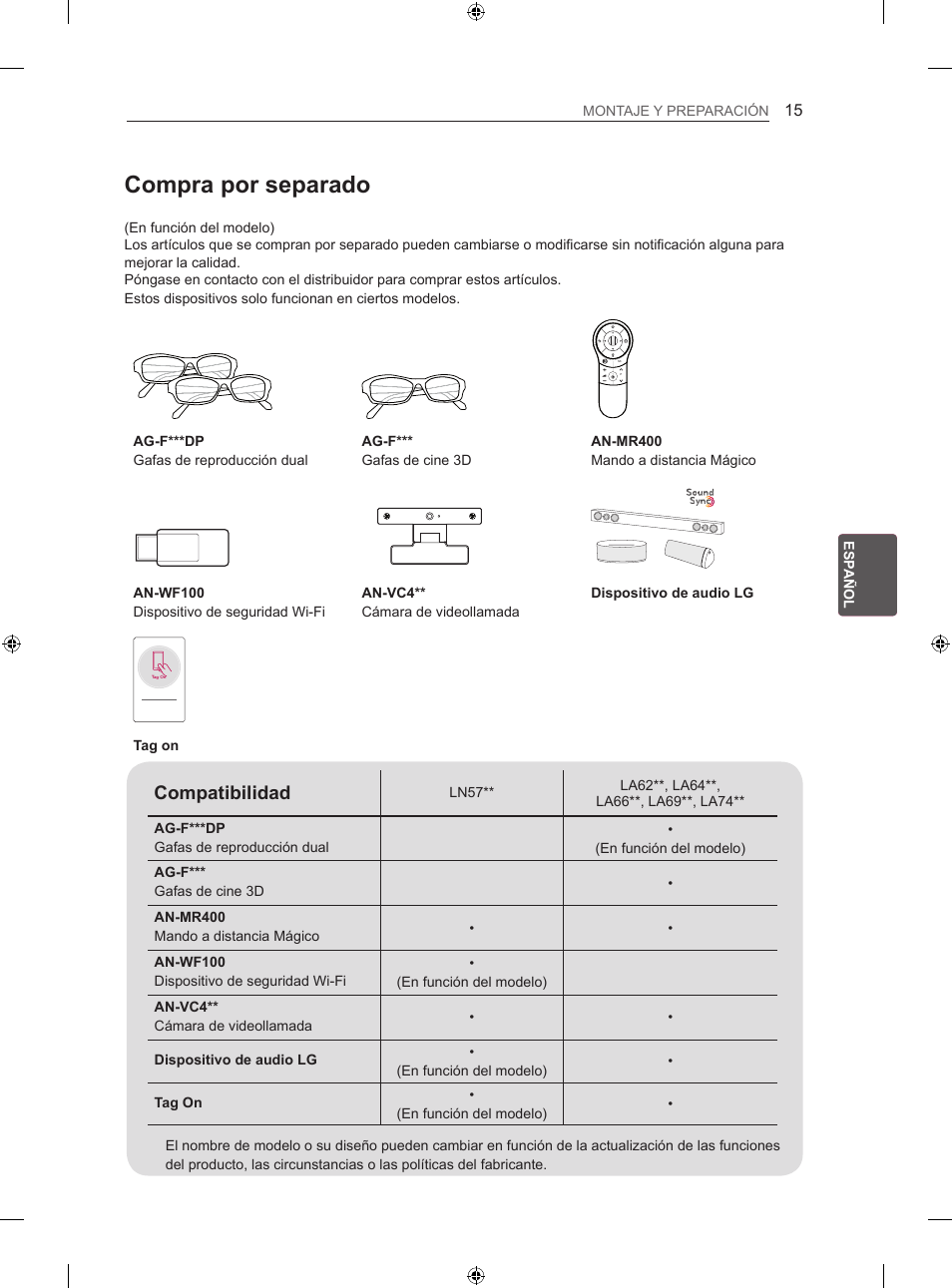 Compra por separado, Compatibilidad | LG 50LN575S User Manual | Page 149 / 328