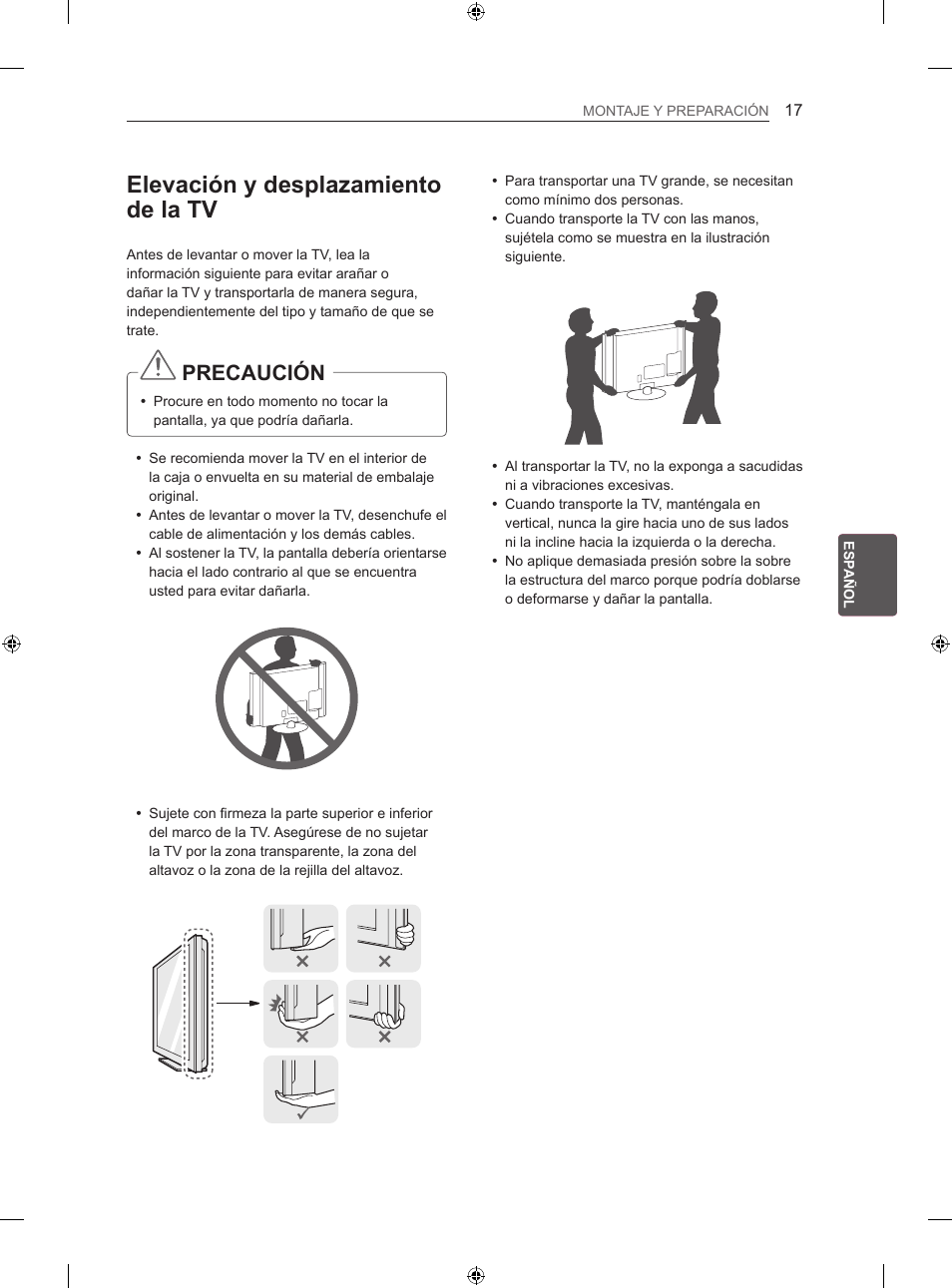 Elevación y desplazamiento de la tv, Precaución | LG 50LN575S User Manual | Page 151 / 328