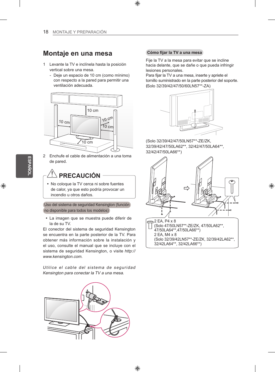 Montaje en una mesa, Precaución | LG 50LN575S User Manual | Page 152 / 328