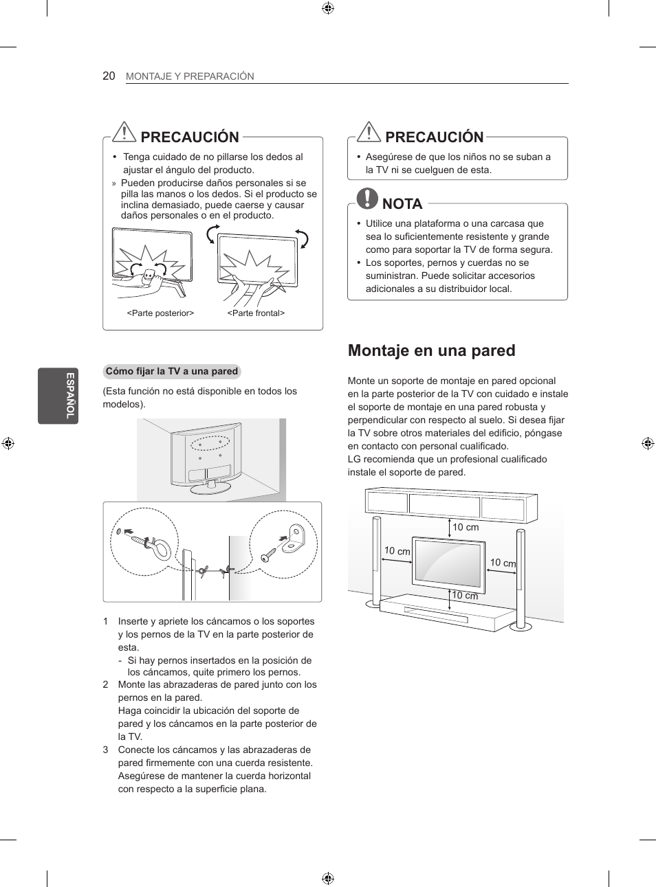 Montaje en una pared, Precaución, Nota | LG 50LN575S User Manual | Page 154 / 328