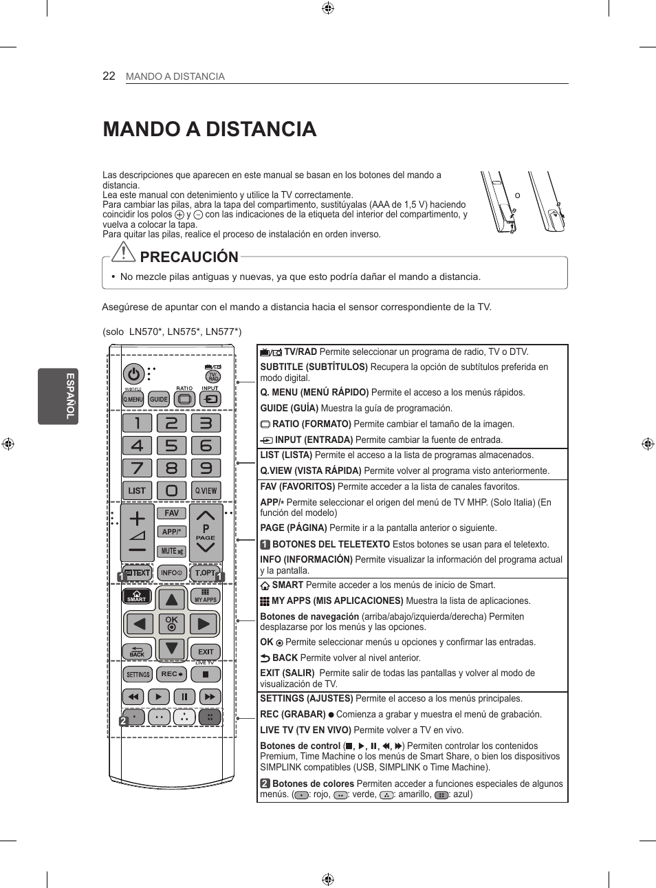 Mando a distancia, Precaución | LG 50LN575S User Manual | Page 156 / 328