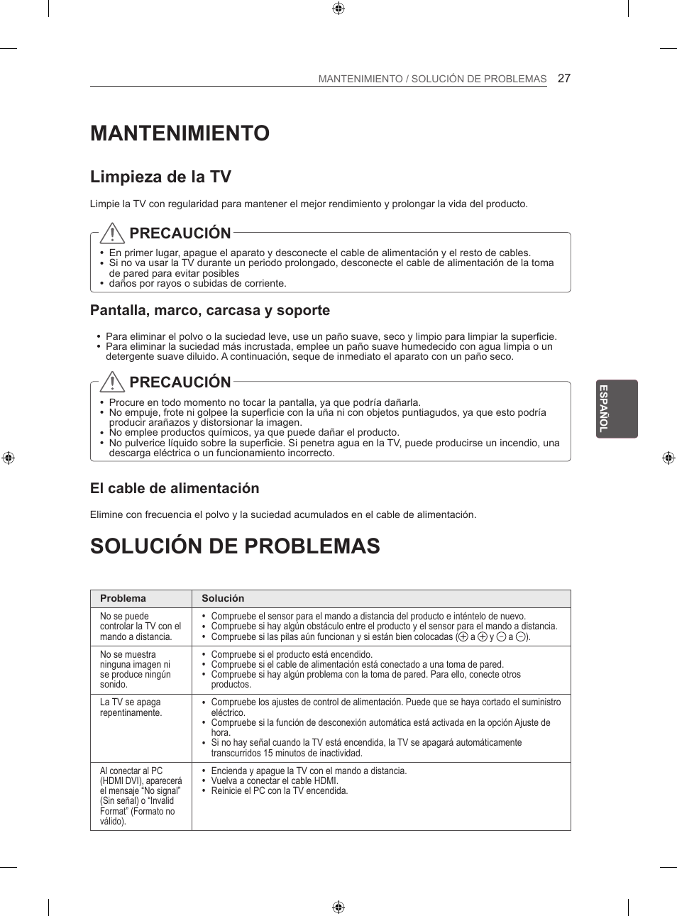 Mantenimiento, Solución de problemas, Limpieza de la tv | Precaución, Pantalla, marco, carcasa y soporte, El cable de alimentación | LG 50LN575S User Manual | Page 161 / 328