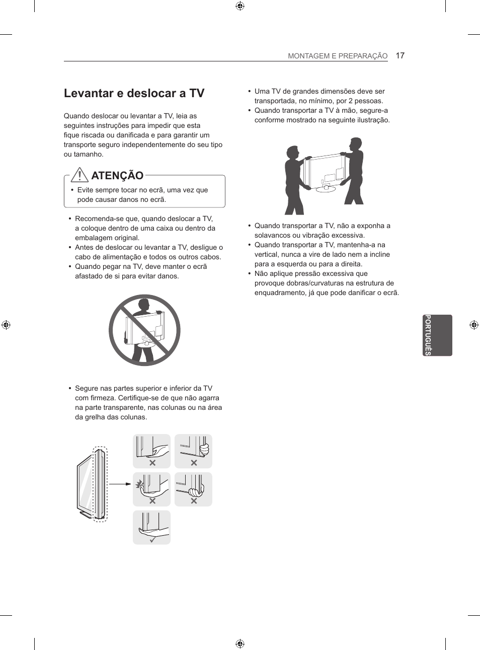 Levantar e deslocar a tv, Atenção | LG 50LN575S User Manual | Page 181 / 328