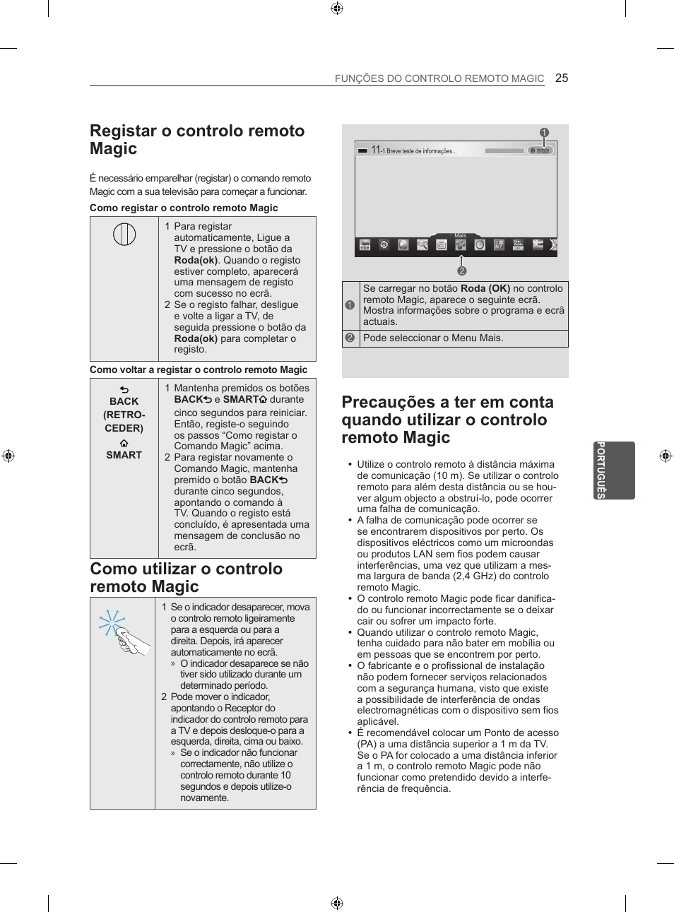 Registar o controlo remoto magic, Como utilizar o controlo remoto magic | LG 50LN575S User Manual | Page 189 / 328