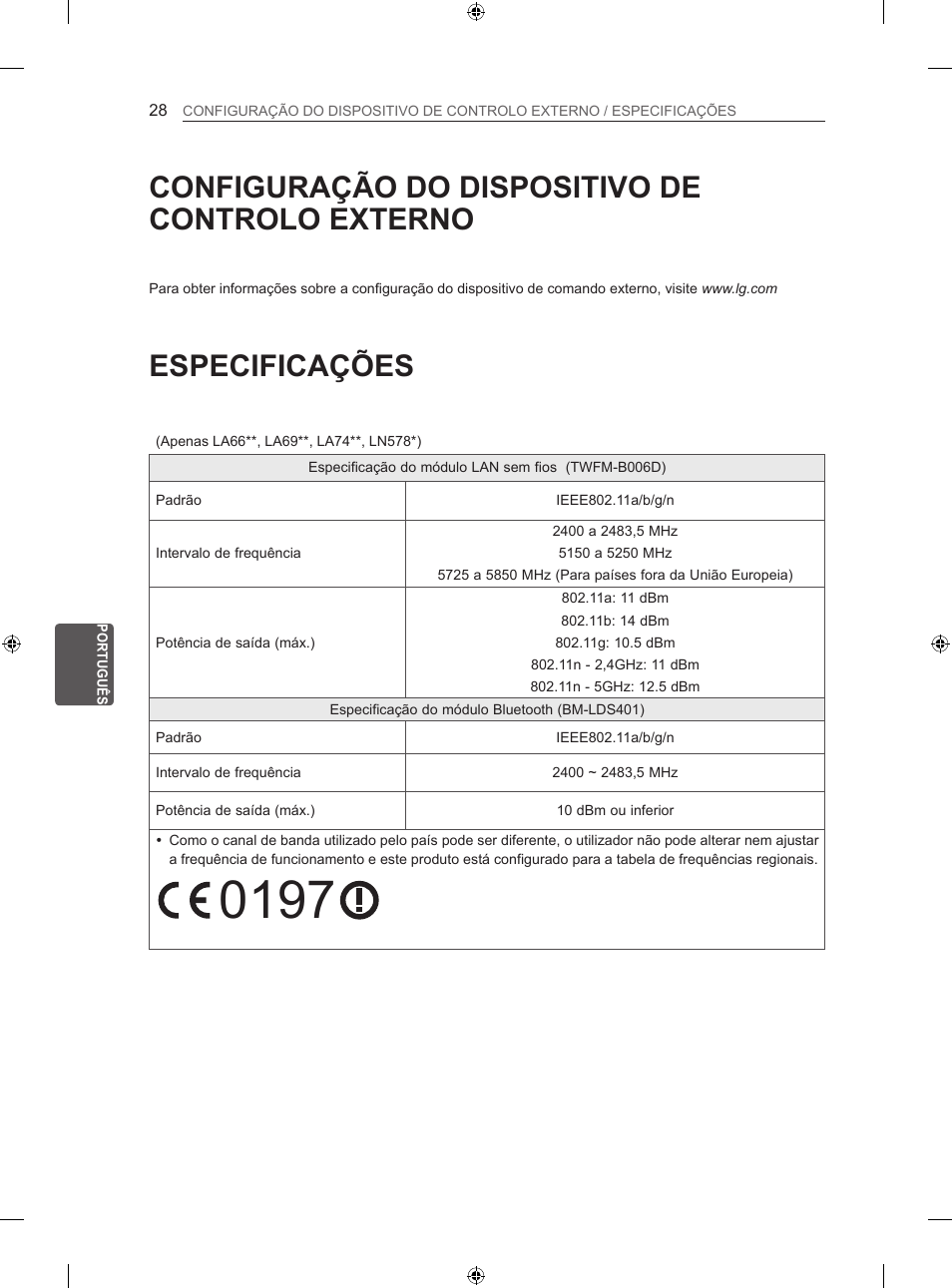 Especificações, Configuração do dispositivo de controlo externo | LG 50LN575S User Manual | Page 192 / 328