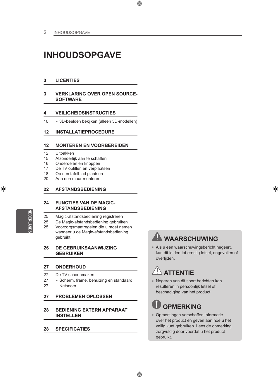 Inhoudsopgave, Waarschuwing, Attentie | Opmerking | LG 50LN575S User Manual | Page 196 / 328