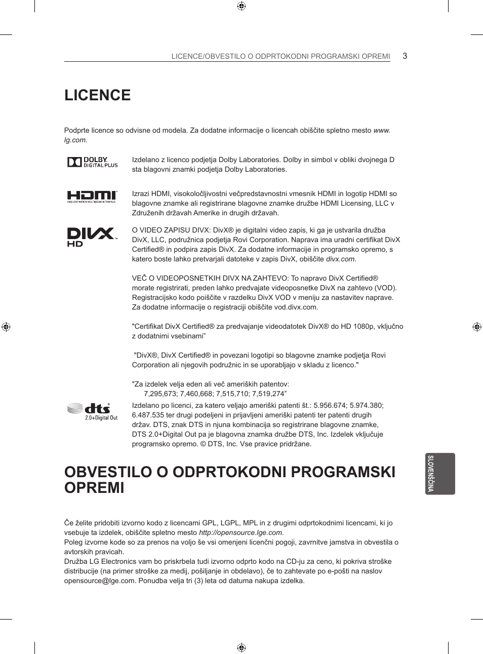 Licence, Obvestilo o odprtokodni programski opremi | LG 50LN575S User Manual | Page 257 / 328