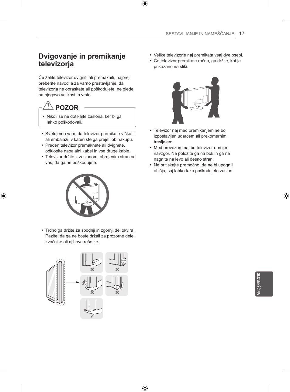 Dvigovanje in premikanje televizorja, Pozor | LG 50LN575S User Manual | Page 271 / 328