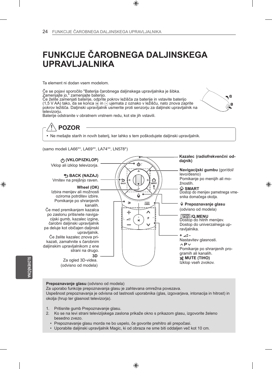 Funkcije čarobnega daljinskega upravljalnika, Pozor | LG 50LN575S User Manual | Page 278 / 328