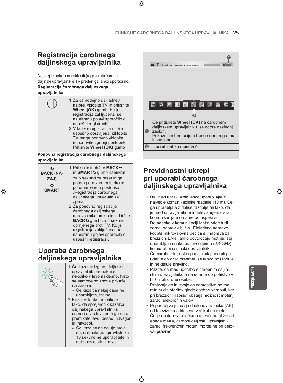 Registracija čarobnega daljinskega upravljalnika, Uporaba čarobnega daljinskega upravljalnika | LG 50LN575S User Manual | Page 279 / 328